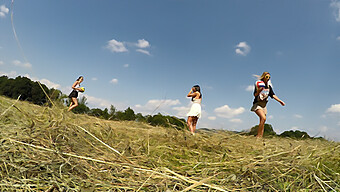 Three Girls Go Commando In The Great Outdoors To Display Their Assets On A Sunny Day